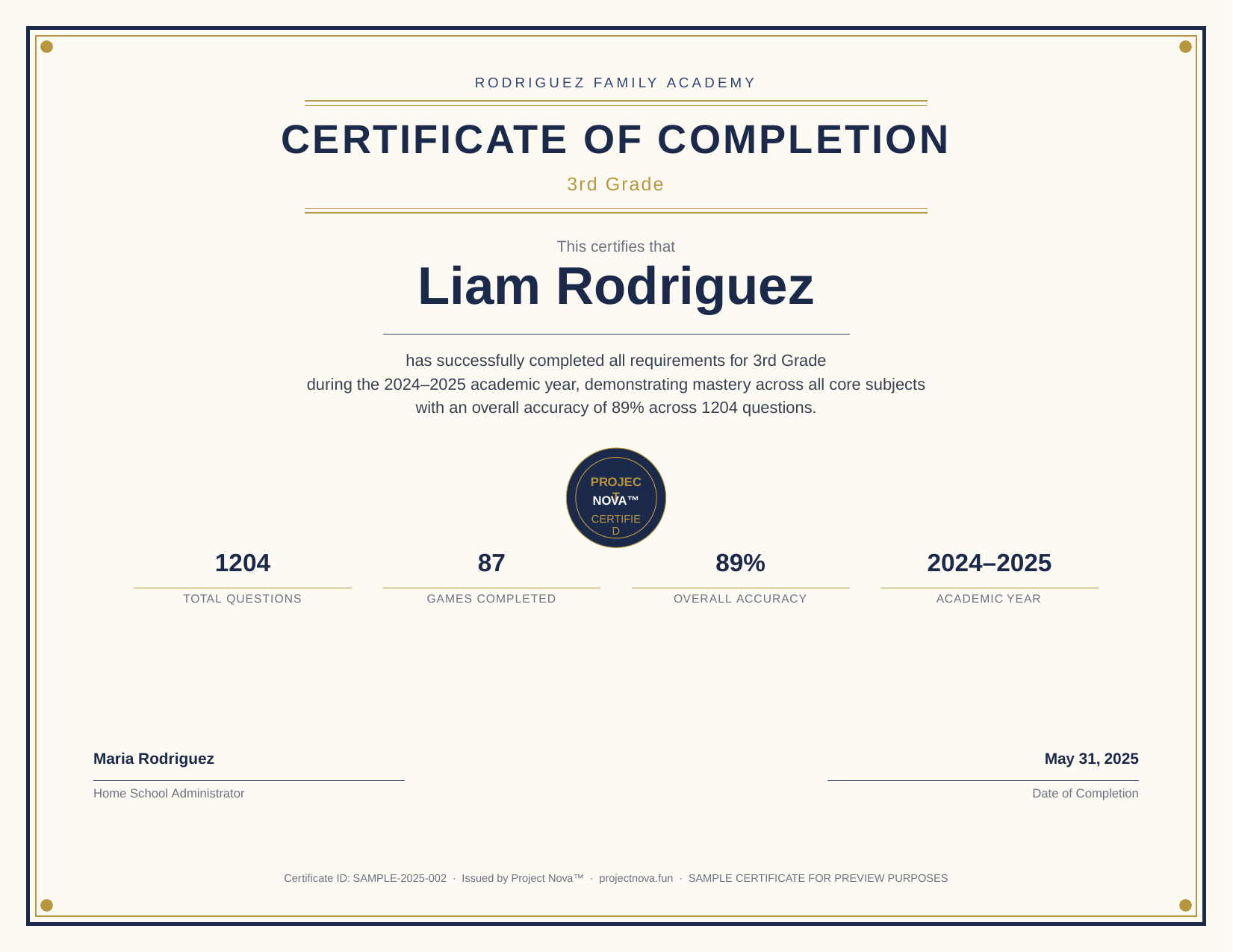 Sample Certificate of Completion — 3rd Grade, Liam Rodriguez, 89% overall accuracy